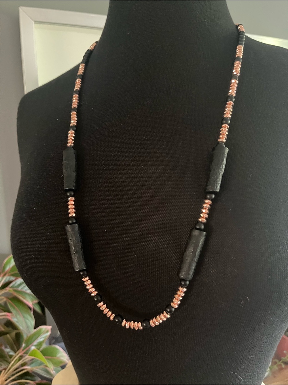 Black Cinnabar & Rose gold hematite Beaded Necklace may be doubled